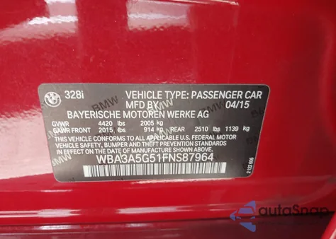 2015 BMW 328I из США, поврежденный, VIN WBA3A5G51FNS87964